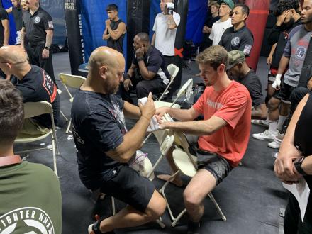 Fred getting wrapped up