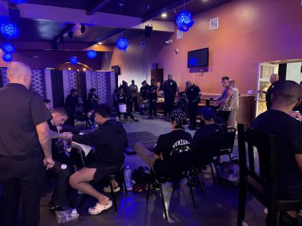 Blue corner locker room